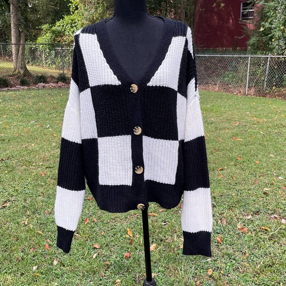 no comment Sweaters - No Comment Black and White Checkered Cardigan